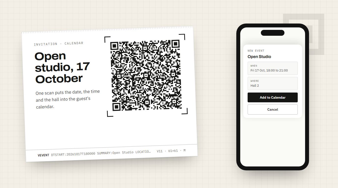 Een uitnodigingskaart met een QR-code voor een agenda-afspraak naast een telefoon met een nieuw afspraakvenster voor Open Studio op 17 oktober, 18:00 tot 21:00 in Hall 2, met een knop om aan de agenda toe te voegen