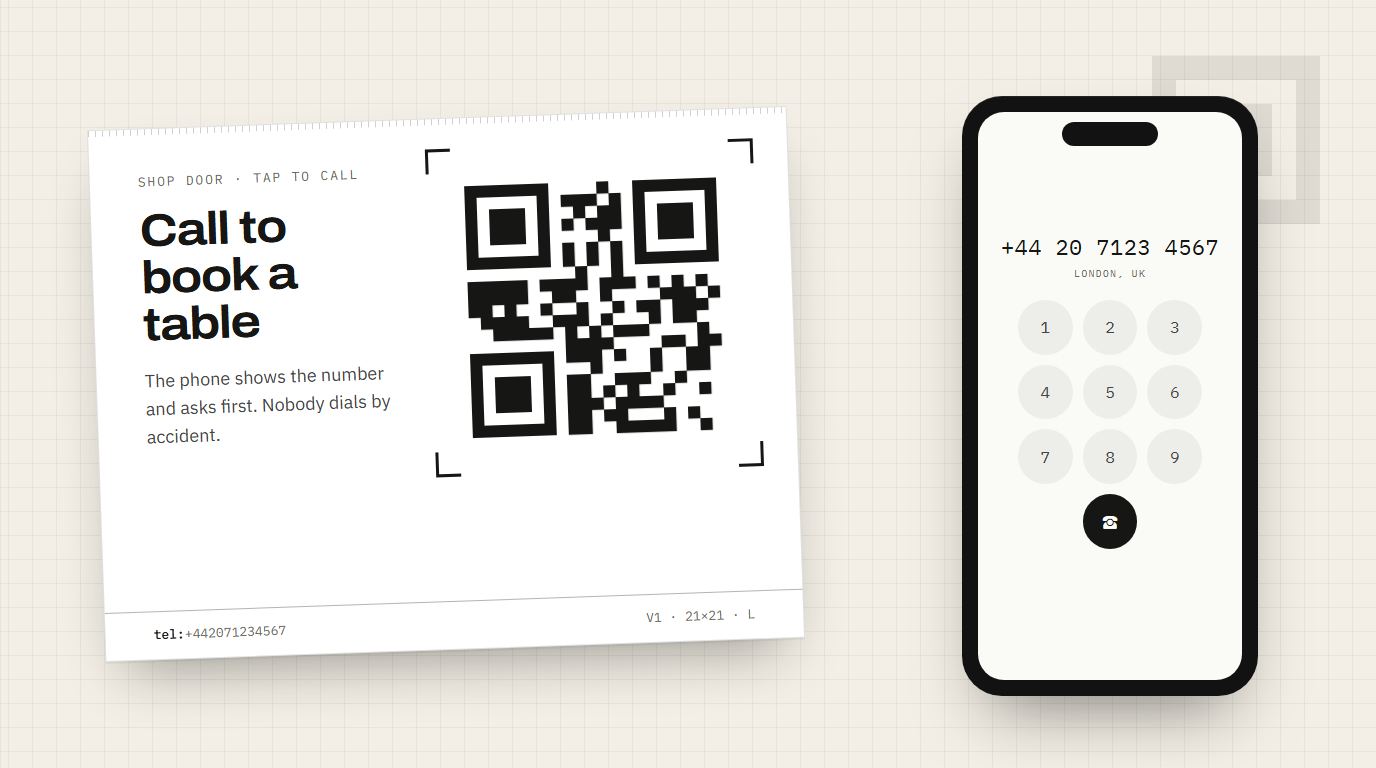 電話QRコードの入った店舗のドアの案内と、+44 20 7123 4567が入力された発信画面と通話ボタンを表示したスマートフォン