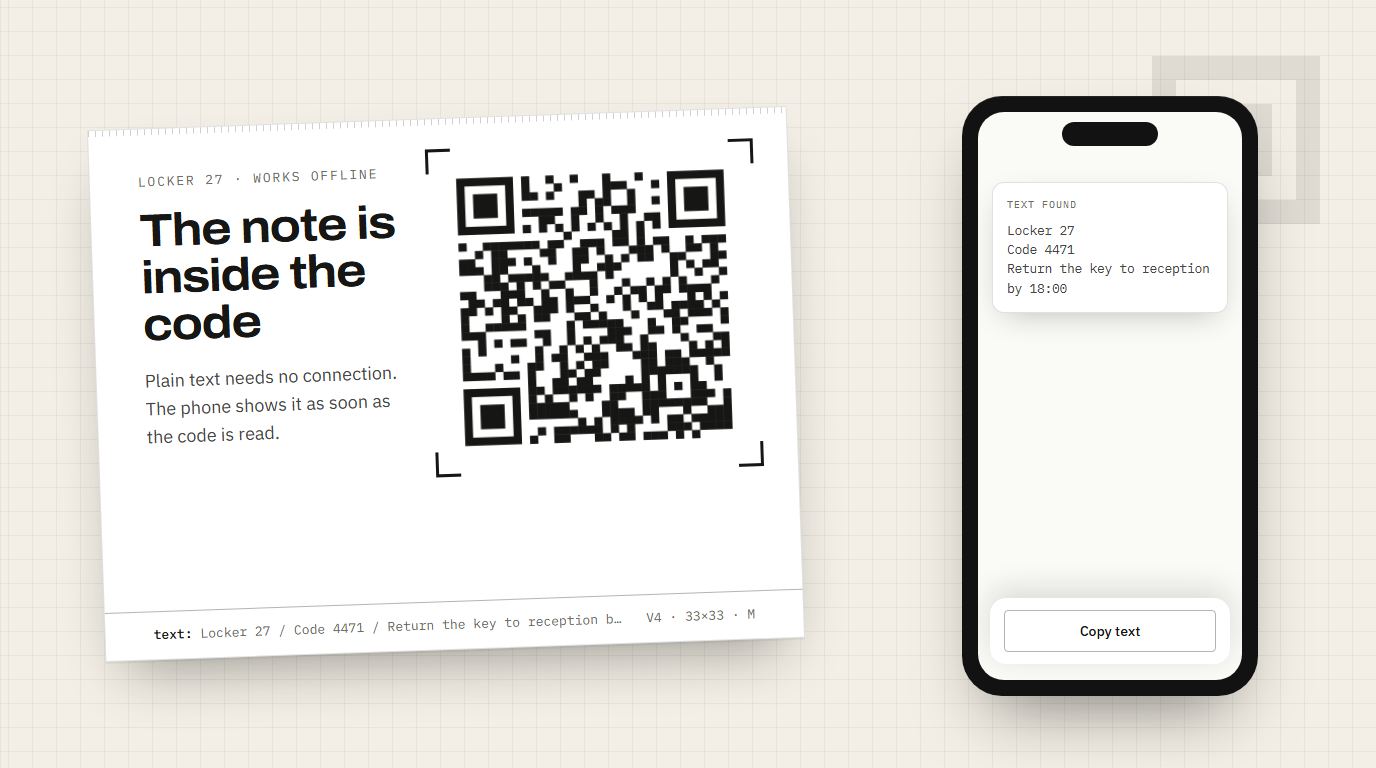A locker label with a plain text QR code beside a phone showing the decoded text: Locker 27, Code 4471, return the key to reception by 18:00