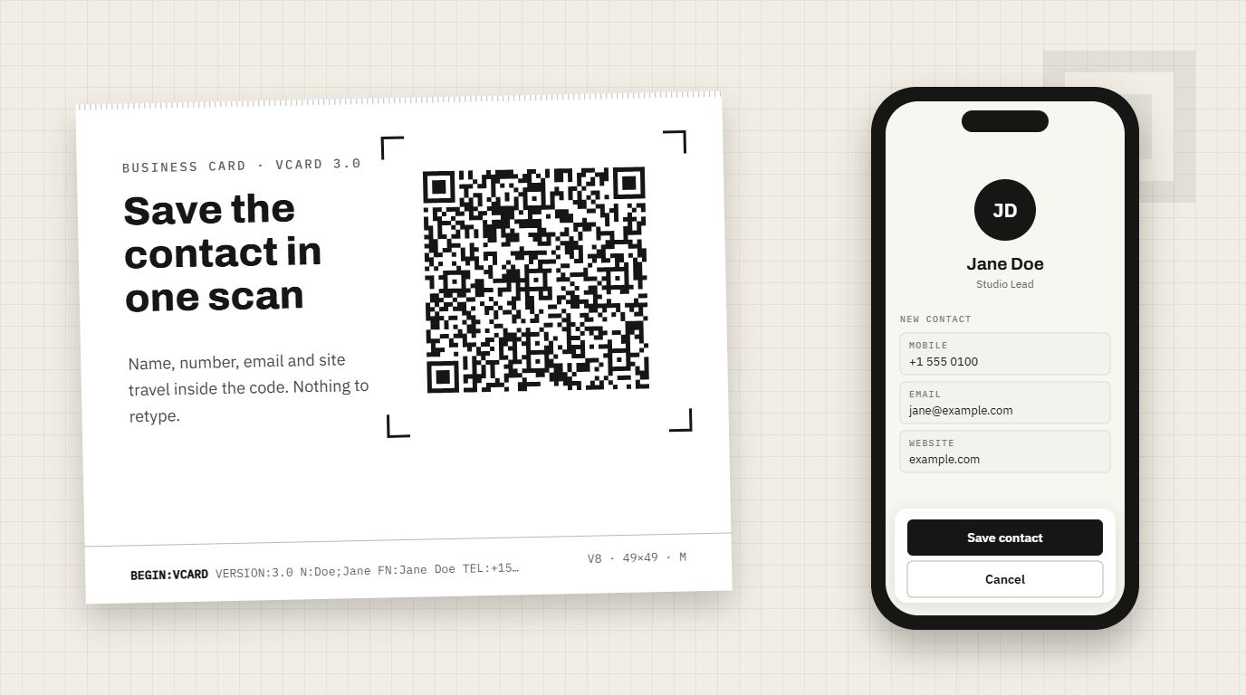 A business card with a vCard QR code beside a phone showing a new contact for Jane Doe, Studio Lead, with a Save contact button