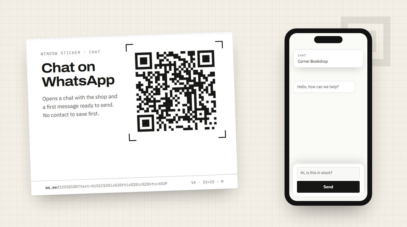 A window sticker with a WhatsApp QR code beside a phone showing a chat with Corner Bookshop and the question Hi, is this in stock? ready to send